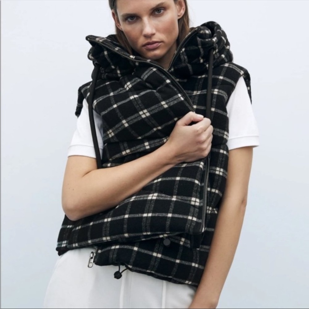 Zara Plaid Puffer Vest with Hood